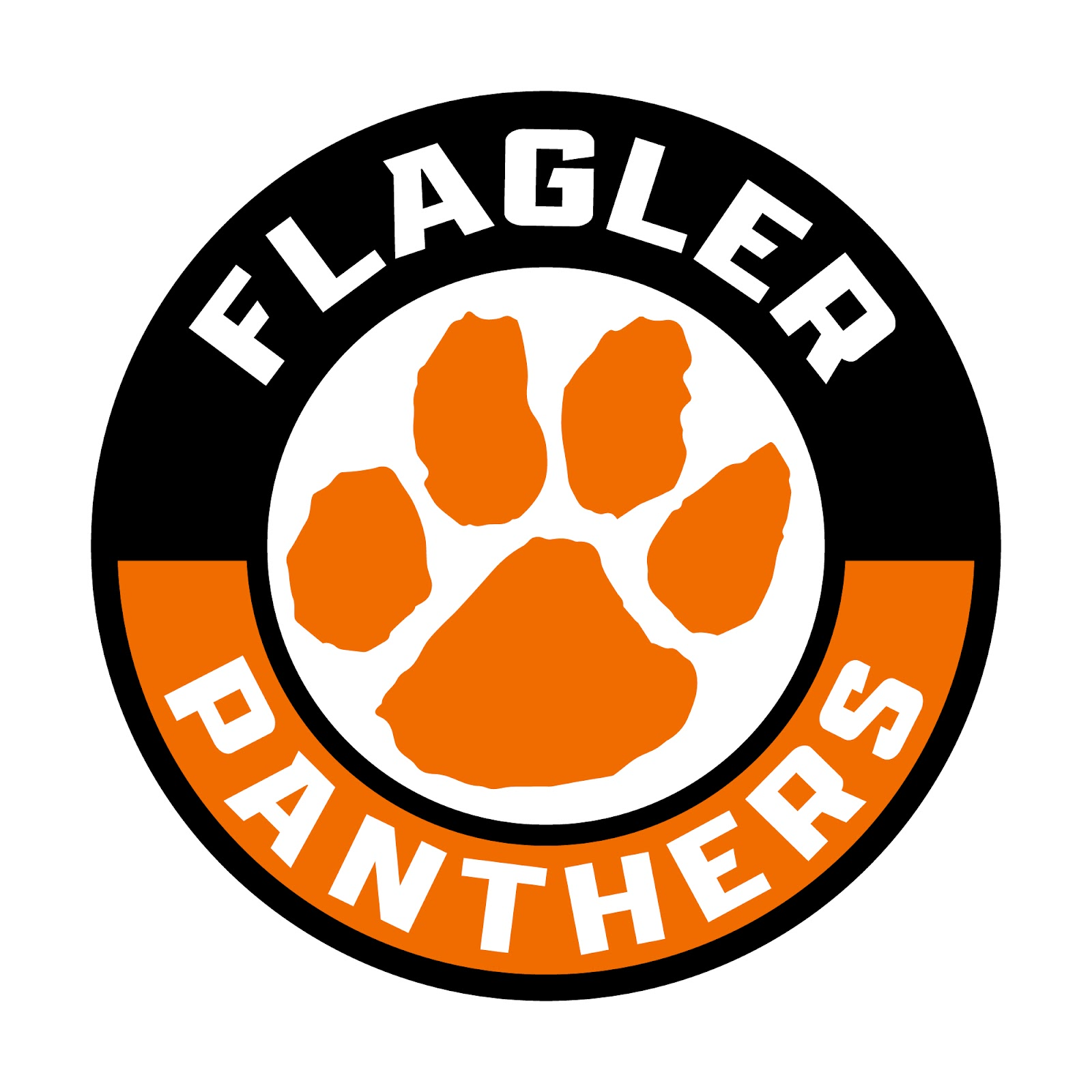 Flagler Panthers Black and Orange School emblem with orange paw print with  