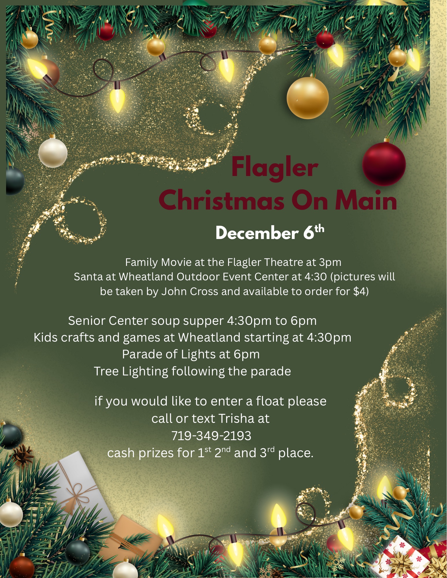 Green background, red, green, white, gold ornaments, Red lettering detailing events