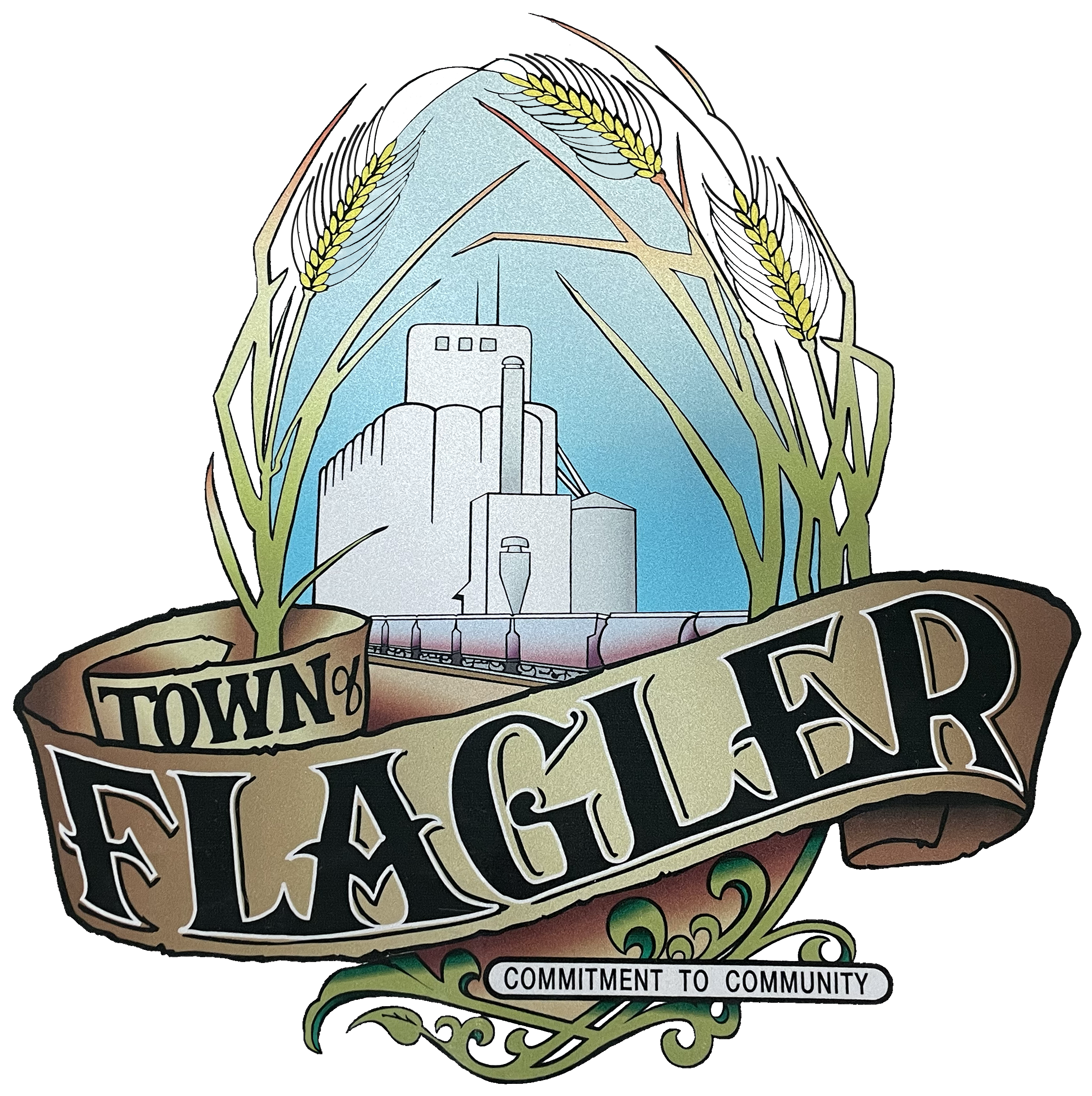 Flagler Seal, white grain elevator framed by brown wheat, blue background, black font letters