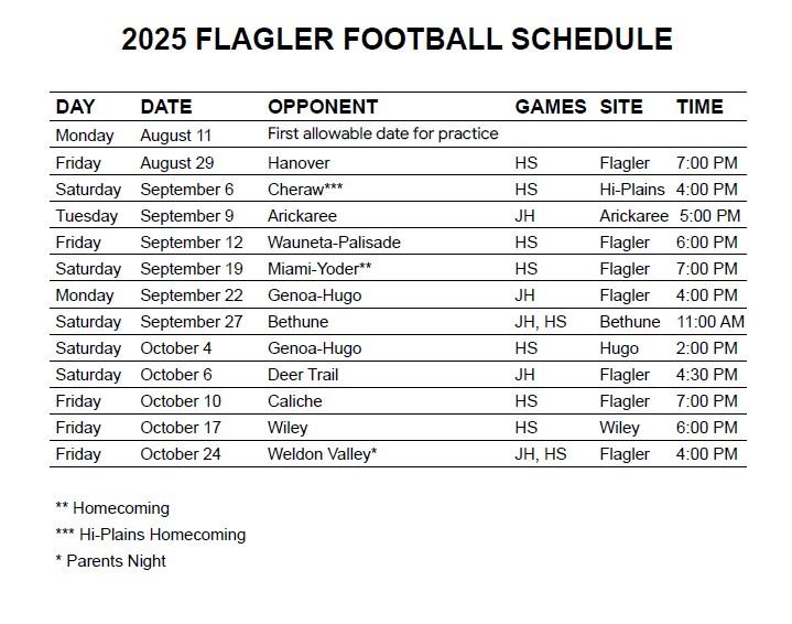 Flagler football schedule in black in on white background