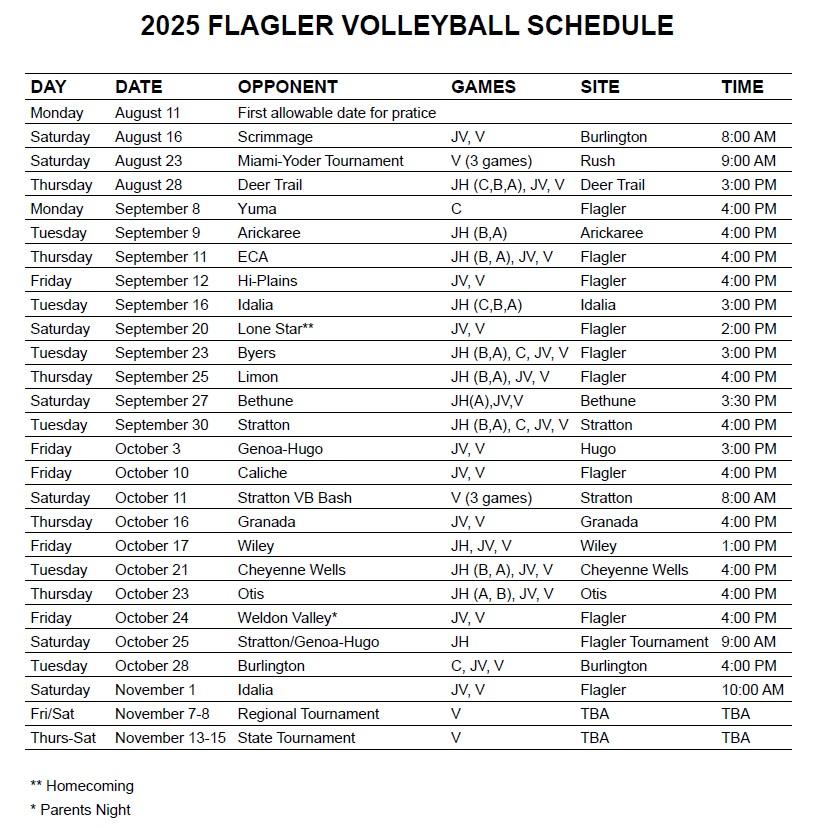 Flagler Volleyball game schedule in black ink on white background