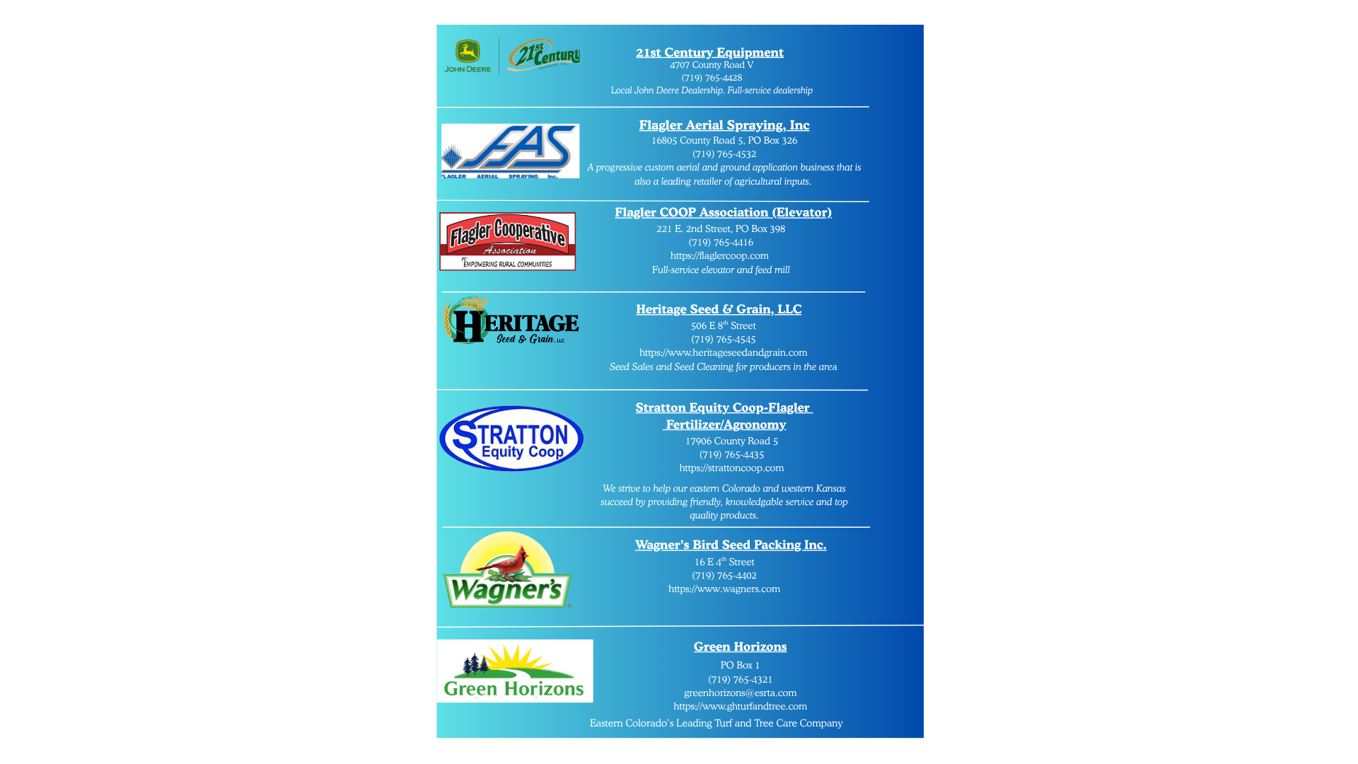 Blue back ground, white, green, blue, black lettering, flyer detailing businesses 