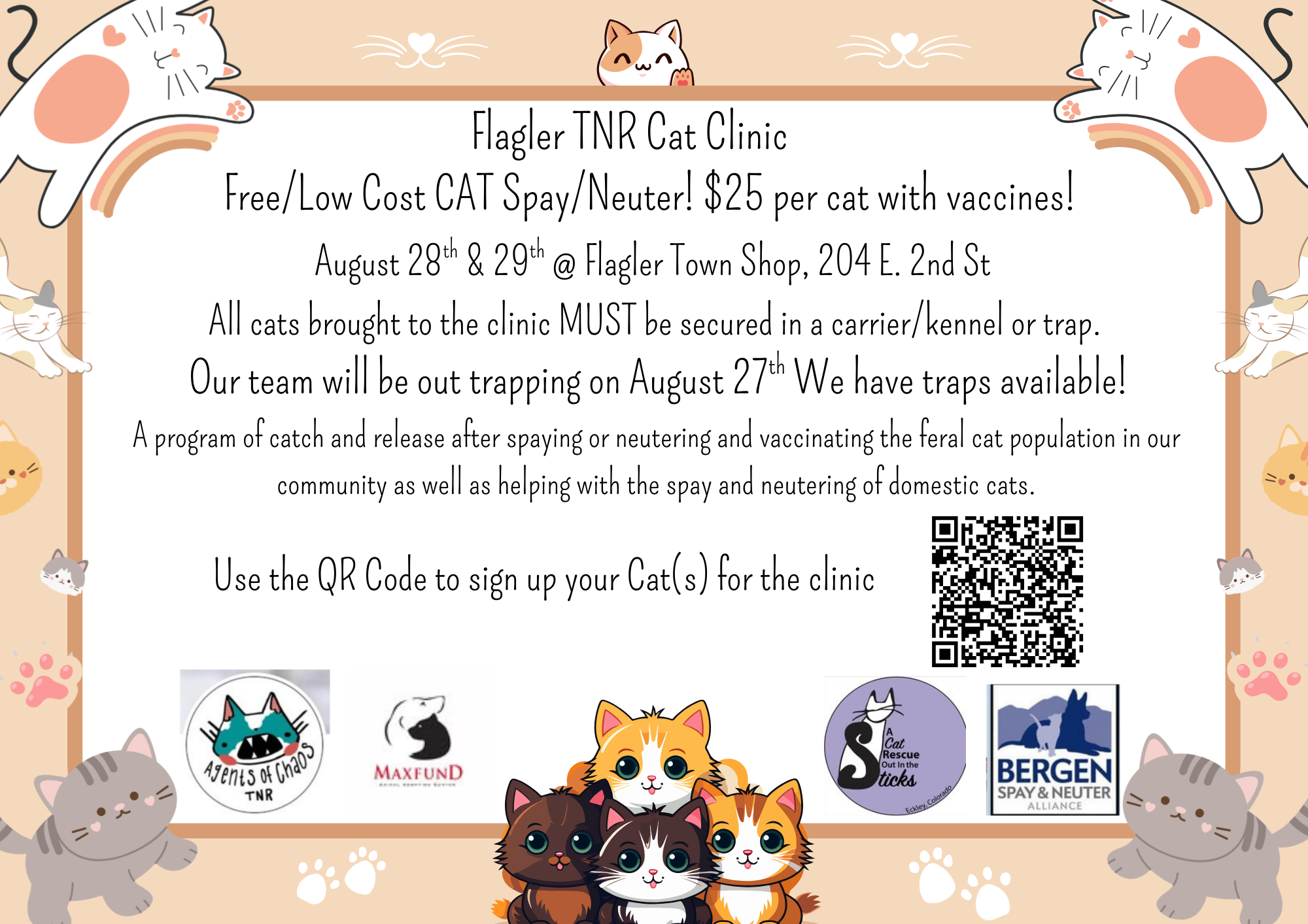 Cat TNR Cat Clinic Flyer, Black print on white paper, beige border with grey kittens