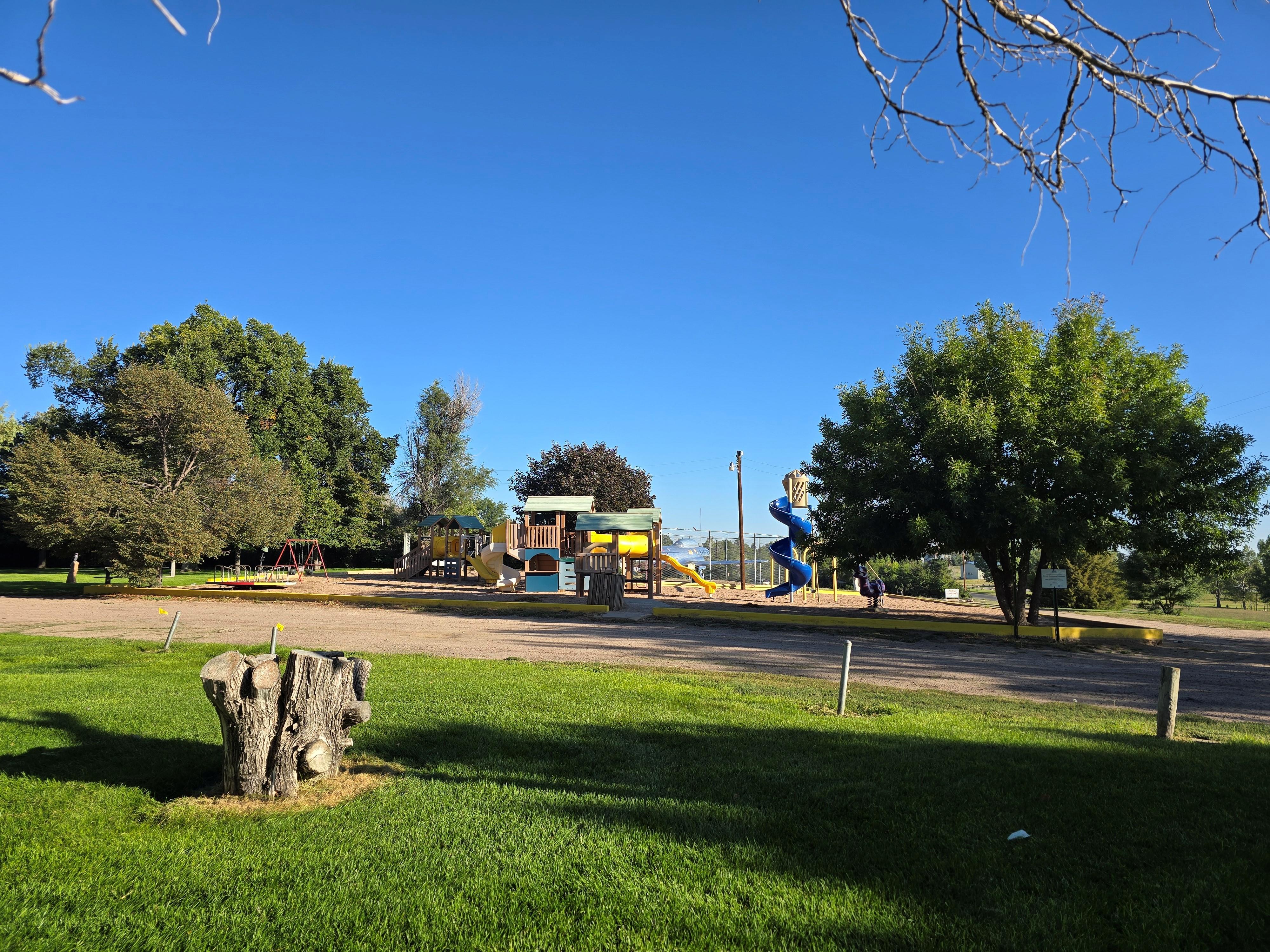 Wood Play ground equipment, blue swirl slide, yellow and green tunnel and slide surrounded by trees